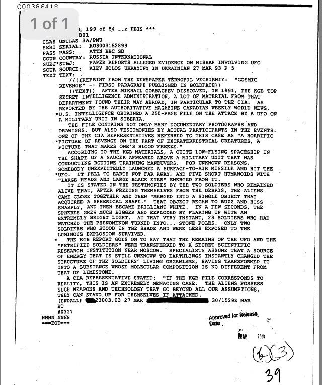 CIA document unclassified in May 2000 claims aliens exited a UFO and turned Russian soldiers into stone.